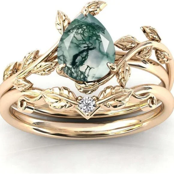 Natural Moss Agate Ring 925 Sterling Silver Moss Agate Engagement Ring Set Promi